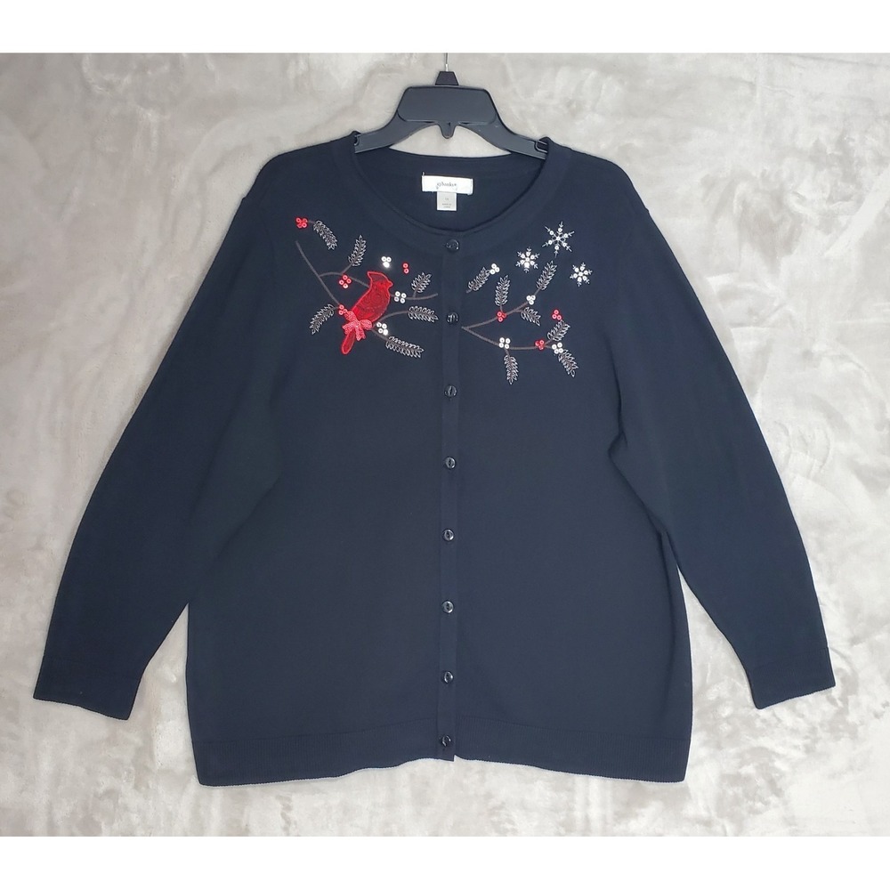 Christopher & Banks Cardigan Sweater Women's 1X Black Red Cardinal Tight Knit